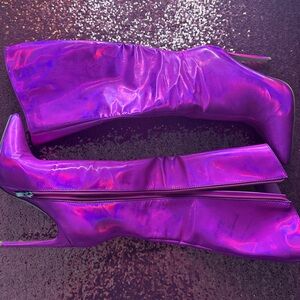 Purple Metallic Heeled Boots with Iridescent Finish